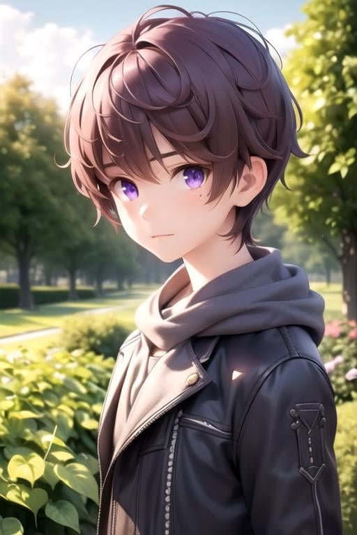 masterpiece, best quality, photorealistic, 1boy, solo, male focus, looking at viewer, upper body, depth of field, anime coloring, , <lora:iori_hashima:0.66>, iori_hashima, brown hair, purple eyes, leprechaun costume, garden, 4k resolution