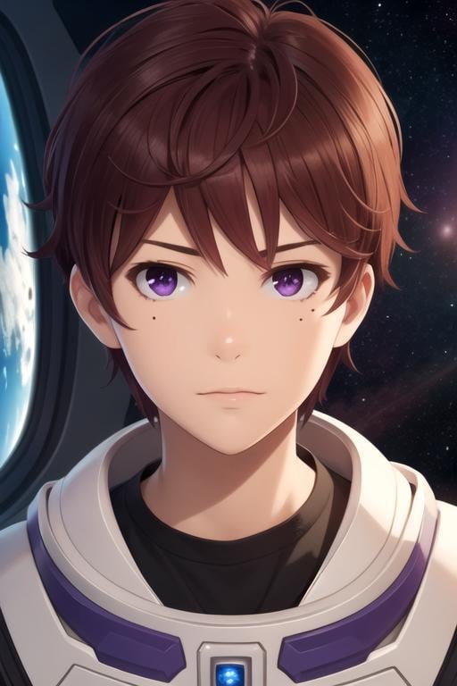 masterpiece, best quality, sketch, 1boy, solo, male focus, looking at viewer, upper body, depth of field, , realistic, <lora:iori_hashima:0.74>, iori_hashima, brown hair, purple eyes, , science fiction space western, HDR