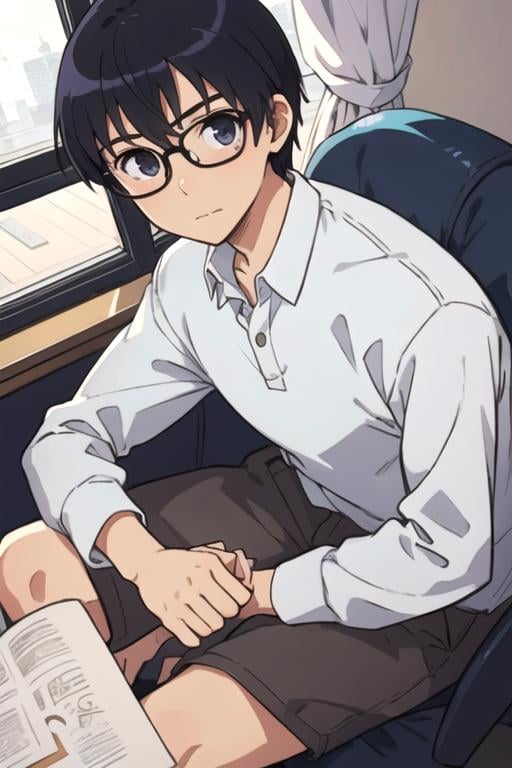 masterpiece, best quality, illustration, 1boy, solo, male focus, looking at viewer, , , ligne claire, , <lora:tomoya_aki:0.68>, tomoya_aki, black hair, black eyes, opaque glasses, , ,