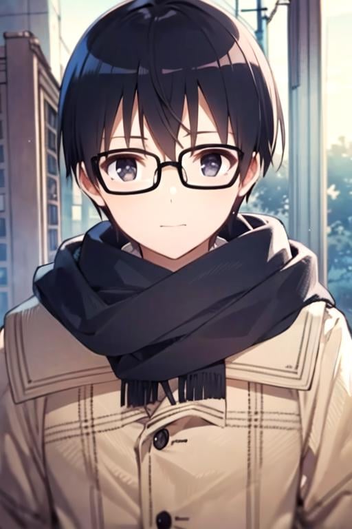 masterpiece, best quality, sketch, 1boy, solo, male focus, looking at viewer, upper body, , anime coloring, , <lora:tomoya_aki:0.70>, tomoya_aki, black hair, black eyes, opaque glasses, scarf, , post-apocalyptic, High resolution