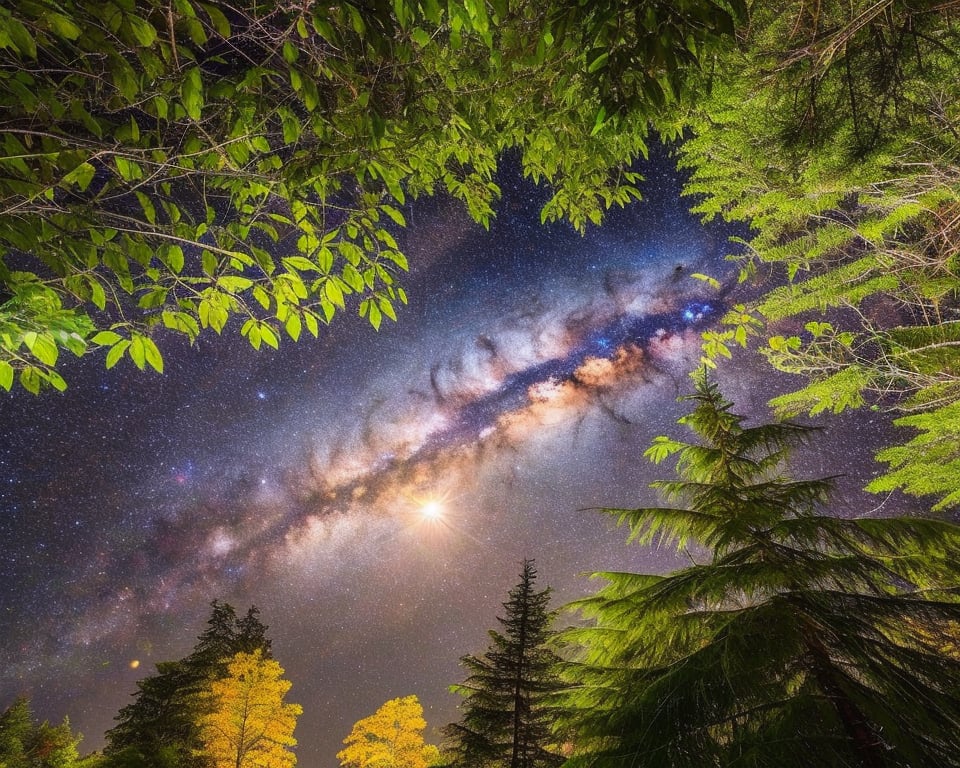 a lush forest, night sky, lots of stars