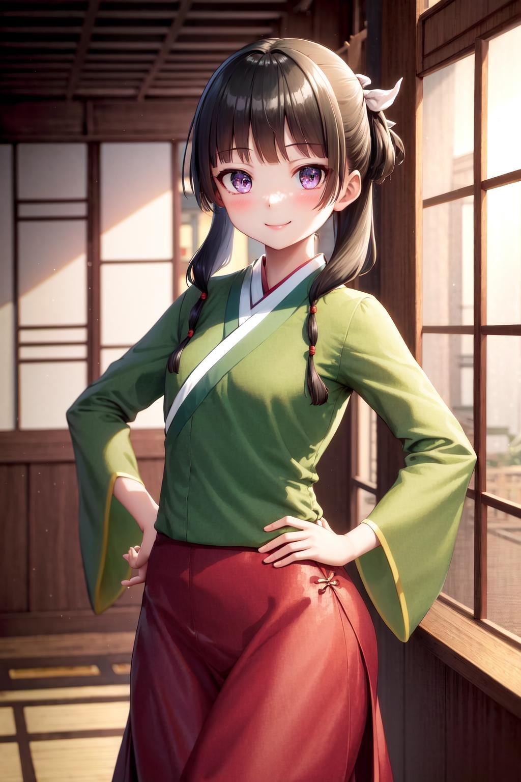 masterpiece, best quality, highres, 1girl hair ribbon hair ornament, hanfu green shirt wide sleeves red skirt long skirt <lora:maomao_manga:1> hand on hip, smile, indoors, east asian architecture