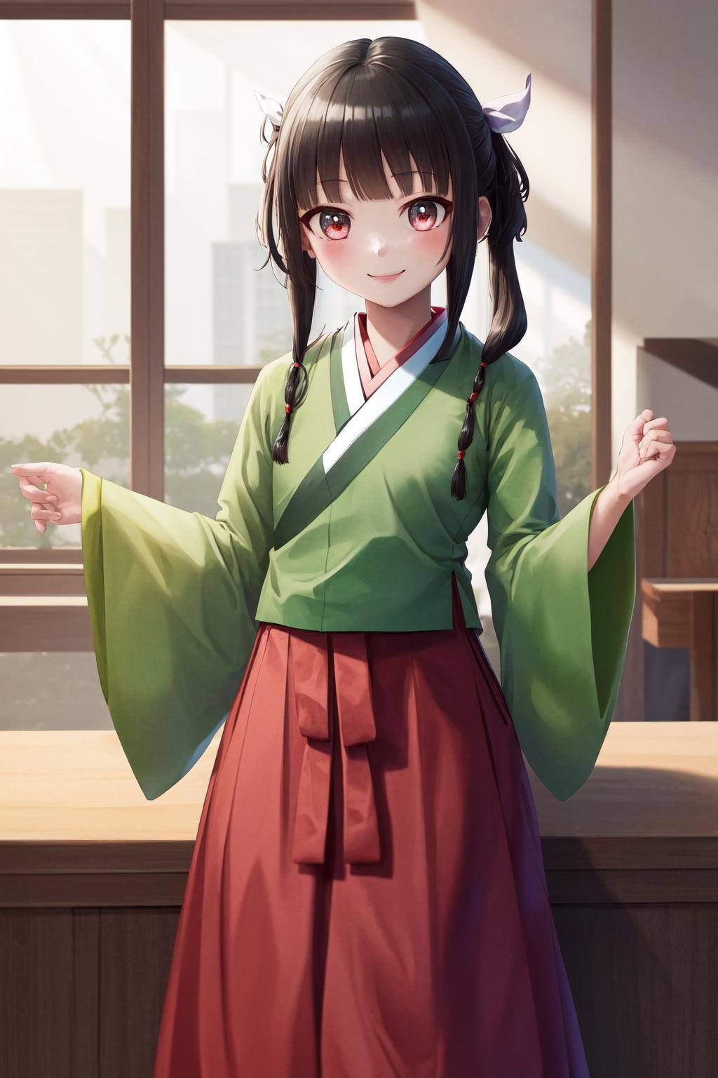 masterpiece, best quality, highres, 1girl hair ribbon hair ornament, hanfu green shirt wide sleeves red skirt long skirt <lora:maomao_manga:1> smile