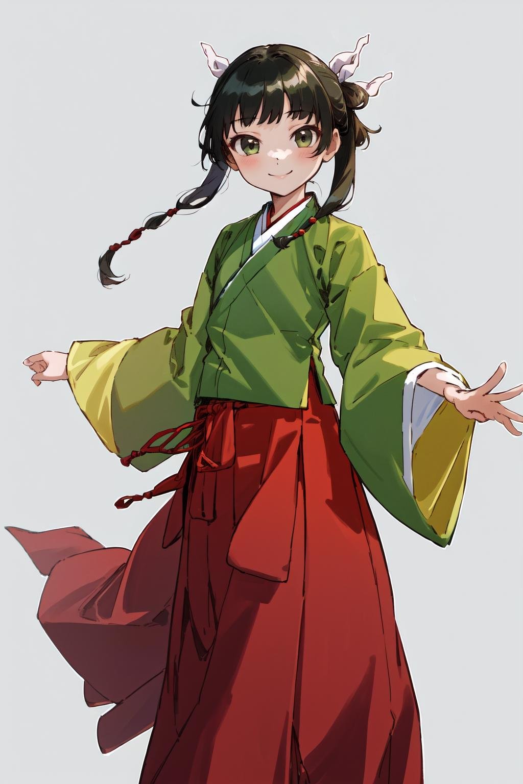 masterpiece, best quality, highres, 1girl hair ribbon hair ornament, hanfu green shirt wide sleeves red skirt long skirt <lora:maomao_manga:1> smile, looking at viewer, simple background