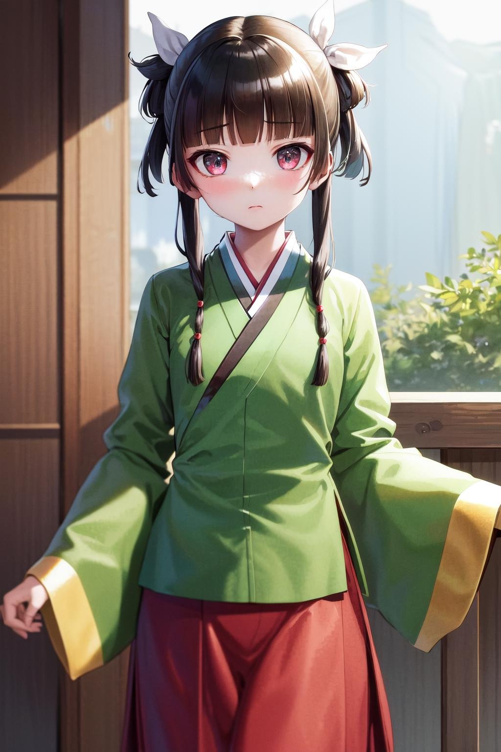 masterpiece, best quality, highres, 1girl hair ribbon hair ornament, hanfu green shirt wide sleeves red skirt long skirt <lora:maomao_manga:1>