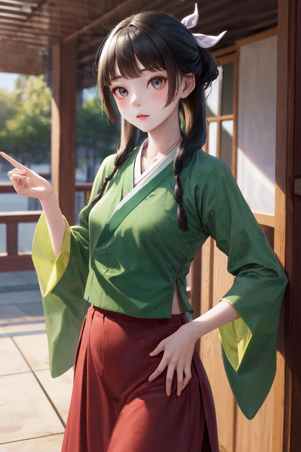 masterpiece, best quality, highres, 1girl hair ribbon hair ornament, hanfu green shirt wide sleeves red skirt long skirt <lora:maomao_manga:1> hand on hip