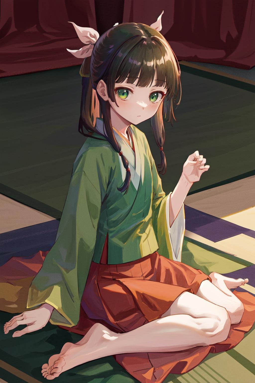 masterpiece, best quality, highres, 1girl hair ribbon hair ornament, hanfu green shirt wide sleeves red skirt long skirt <lora:maomao_manga:1> sitting, wariza, arm support, barefoot