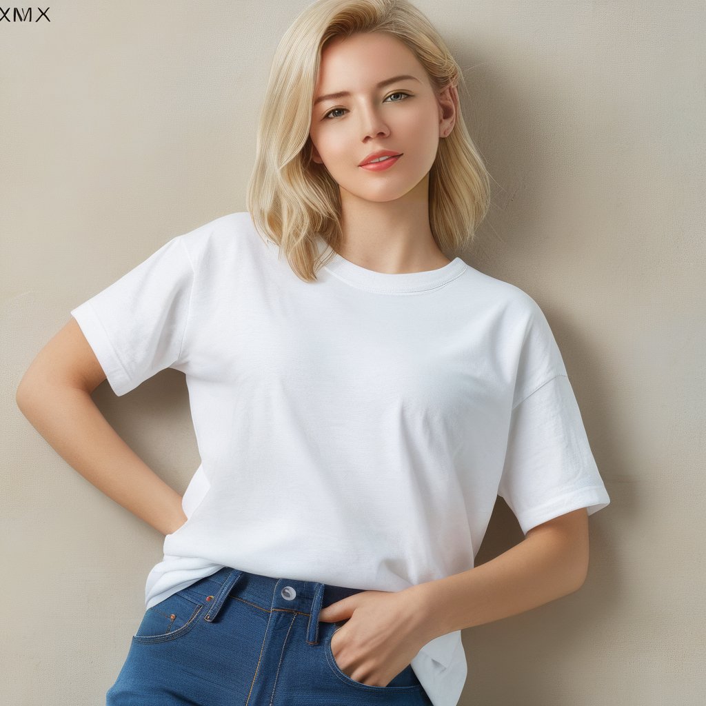 old style,  1girl,  solo,  looking at viewer,  blonde hair,  standing,  white reglan T-shirt,  cowboy shot,  pants,  arms up,  lips,  denim,  t-shirt,  freckles,  jeans,  realistic,  photo real,  modeling a White T-Shirt,  No fonts, MadeClinev001, xxmix_girl, <lora:EMS-15505-EMS:1.000000>