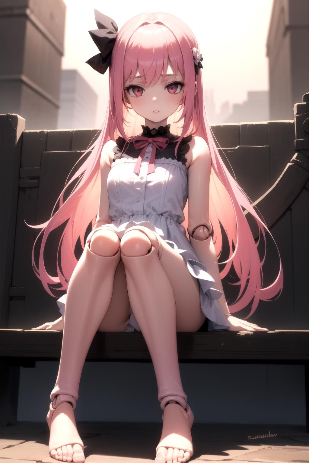 <lora:doll_joints_v0.1:1.0> 1girl, doll joints, knees, sitting, long hair, pink hair, white sundress, ribbon,, masterpiece, best quality, highly detailed