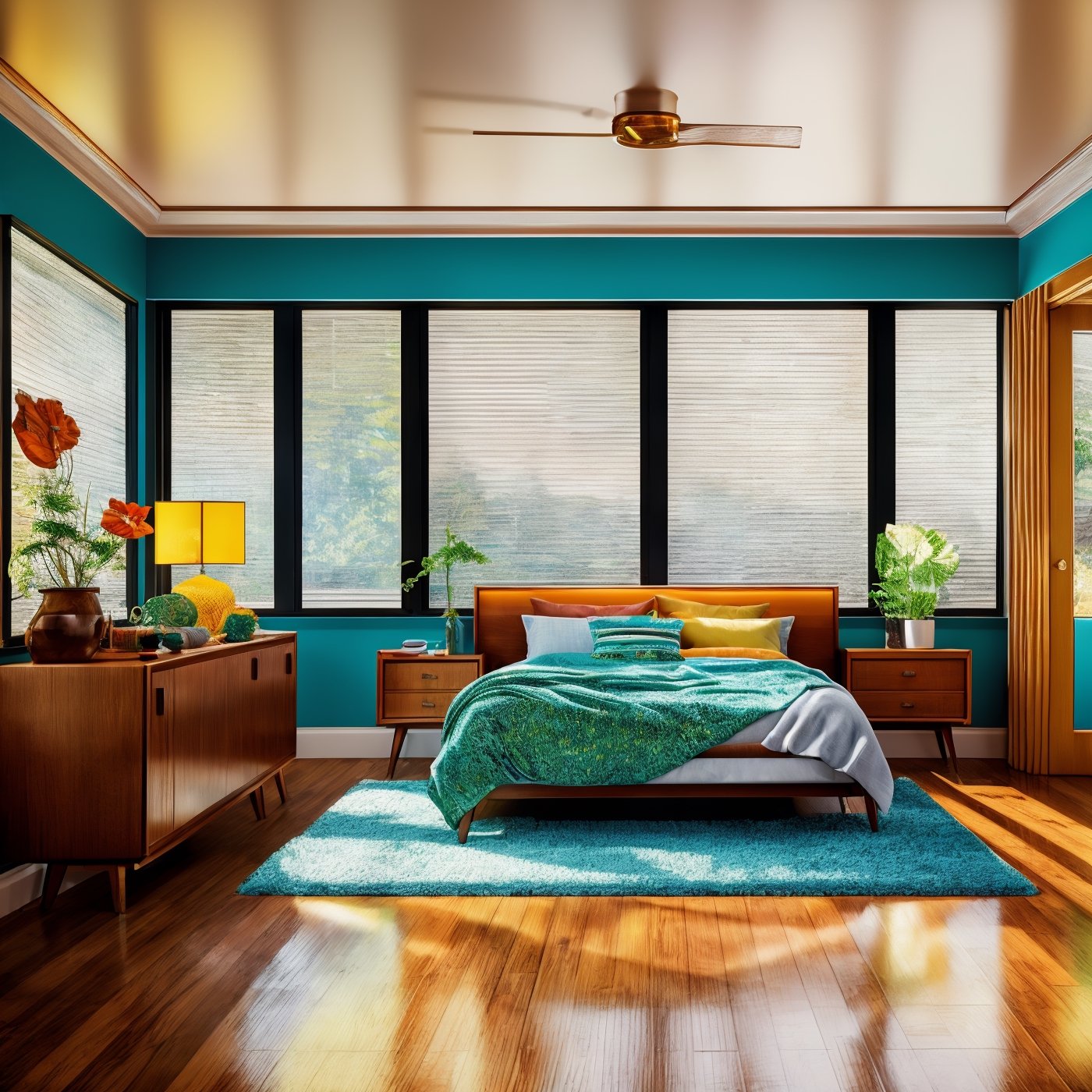 (best quality,8K,highres,masterpiece), ultra-detailed, (photo-realistic, lifelike) photograph capturing the vibrant essence of an indoor bedroom. The colorful décor and mid-century modern furnishings are bathed in cinematic lighting, creating a visually striking and cozy atmosphere in this high-resolution masterpiece of photography.