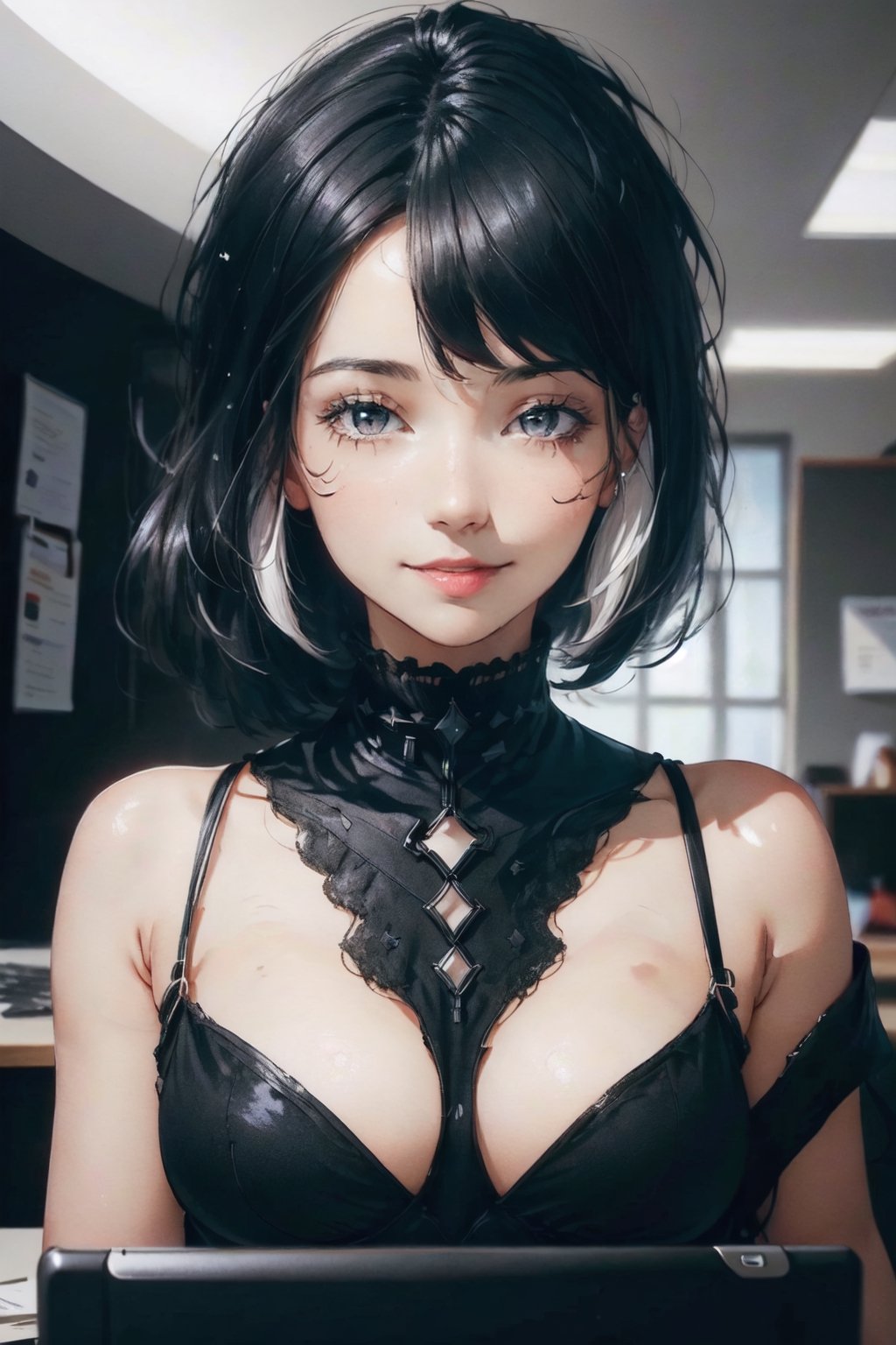 a 20 yo woman, black hair, (hi-top fade:1.3), dark theme, , high contrast, (natural skin texture, hyperrealism, soft light, sharp), smile,  office work, laptop, tablet, derivative, cleavage, absurdres, very_high_resolution,High detailed ,(Half Color, Black Hair, White Hair)