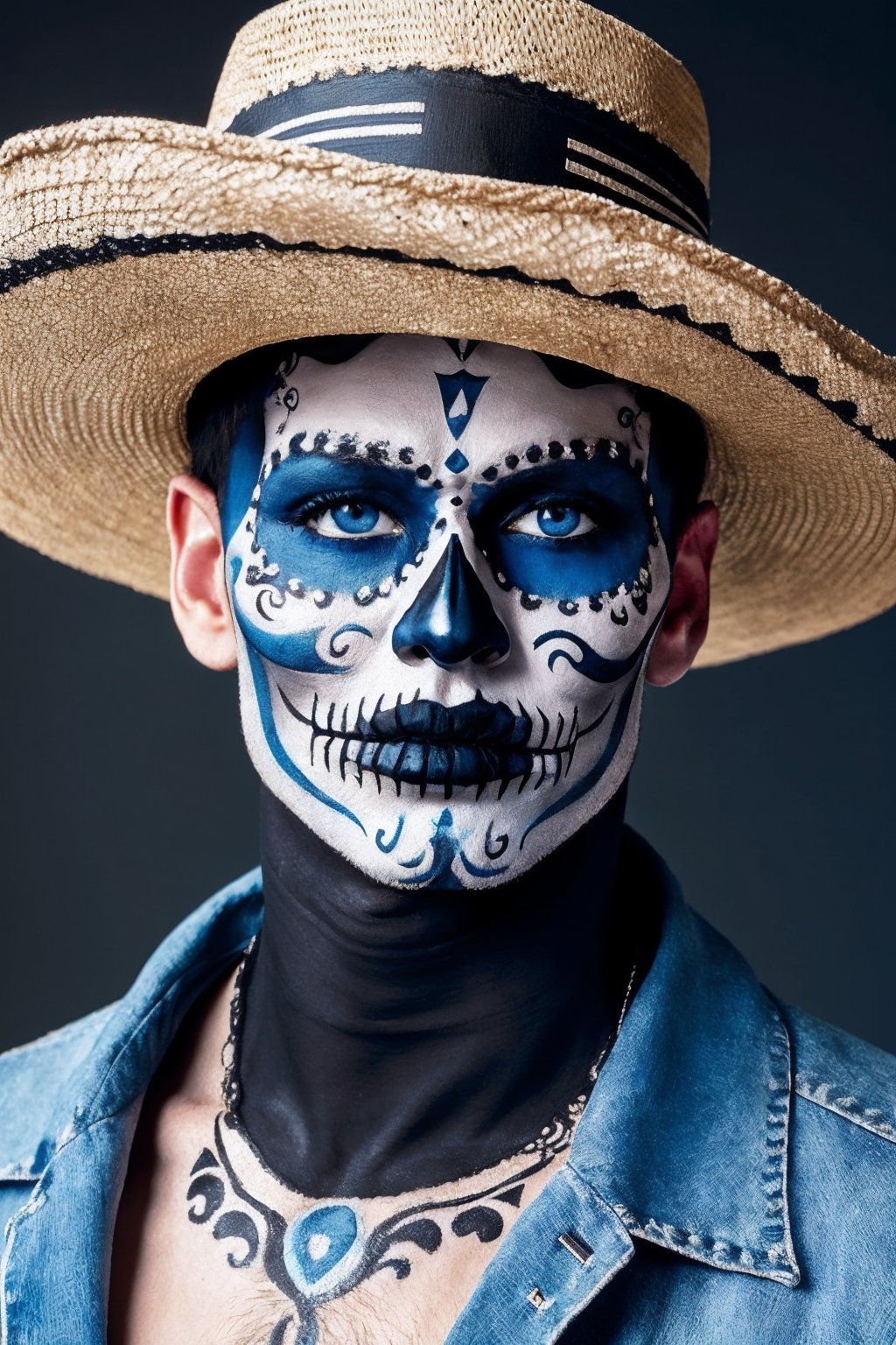 (Best quality, 8k, 32k, Masterpiece, UHD:1.2),  1guy, a close up of a guy with Catrin make up, dia de los muertos, dia de los muertos,  black base make up, blue white black makeup,  emulating a skull with the make up,  sombrero black and blue,  wearing charro clothes, detailed face and body, masculine face, masculine features, rugged textured face, detailed perfect face, face retouched, light blue eyes, realistic portrait photo, high quality portrait, and attractive features, eyes, eyelid,  focus, depth of field, film grain, ray tracing, detailed fabric rendering, detailed natural real skin texture, visible skin pores, anatomically correct, :X,(PnMakeEnh)