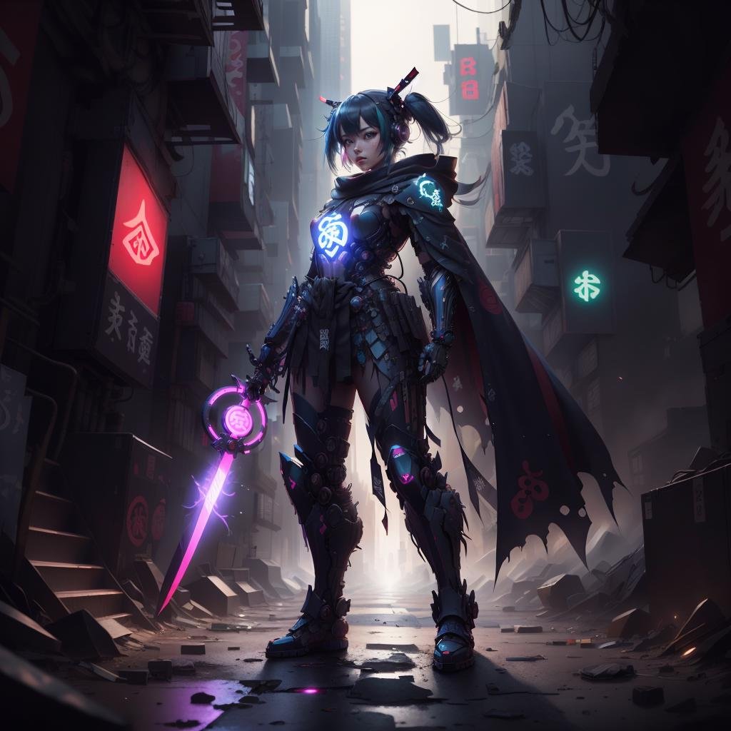<lora:ShinobiTech-20:0.9>, shinobitech , scifi, shinobi,   bulky metal , (cyberpunk:1.1) , neon lights, hatsune miku, 1girl, female knight, armor, holding sword, full body, glowing cape , standing,