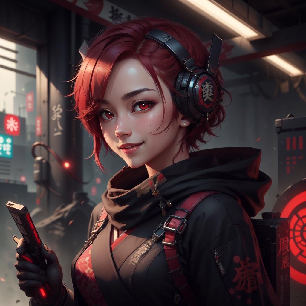 <lora:ShinobiTech-20:0.85>, shinobitech , scifi, shinobi, cyberpunk , metallic,scholar , scroll, 1girl,short hair, red hair, glowing eyes, smile ,closed mouth,