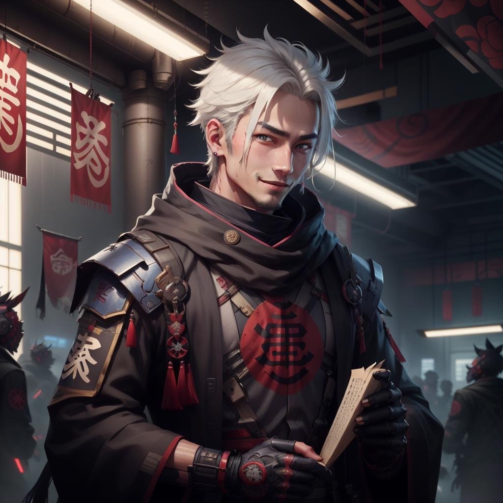 <lora:ShinobiTech-20:0.85>, shinobitech , scifi, shinobi, cyberpunk , metallic,scholar , scroll, 1boy,long hair, white hair, glowing eyes, smile ,closed mouth,