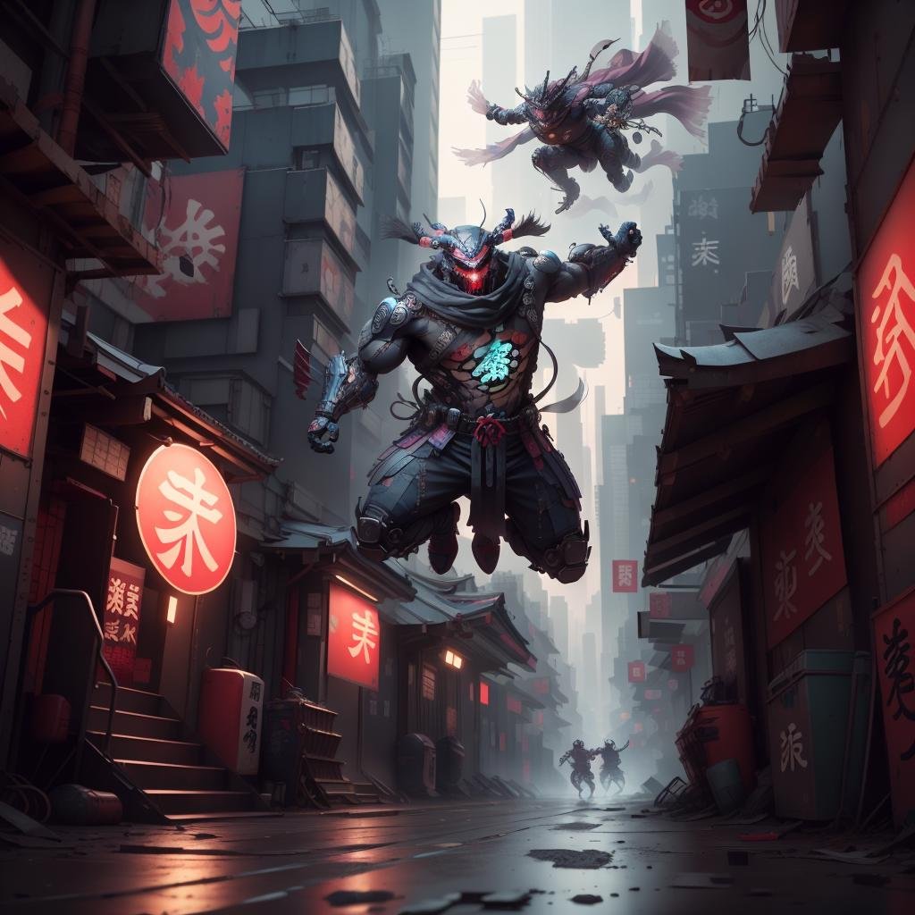 <lora:ShinobiTech-20:0.9>, shinobitech , scifi, shinobi,   bulky metal , (cyberpunk:1.1) , neon lights, city ally , army , war, epic fight , jumping in the air, 