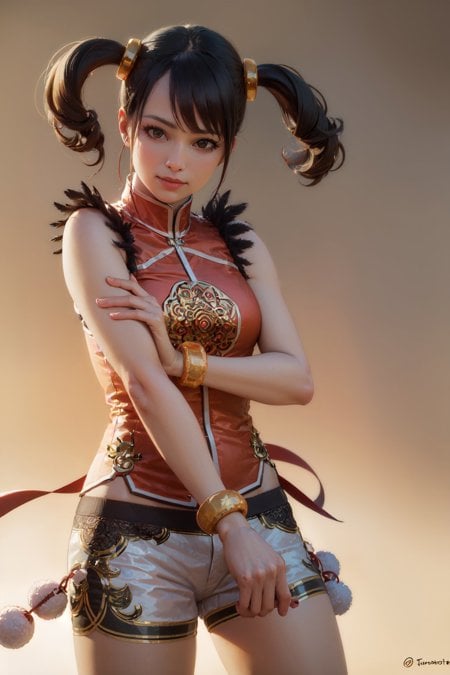 (masterpiece, best quality:1.2), <lora:tekken3_xiaoyu-10:1>, solo, 1girl, ling xiaoyu, slight smile, fighting stance, twintails, chinese clothes, orange china dress, white shorts, sleeveless, jewelry, bracelet