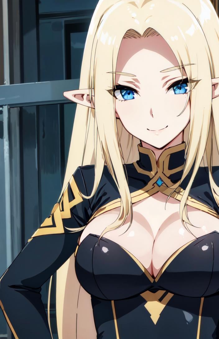 <lora:alpha_ver1.0:0.7>,long hair, pointy ears, elf, blue eyes, long hair, blonde hair, gloves, bodysuit, (large breasts:0.8),cleavage, (masterpiece:1.3), best quality, ultra-detailed, high resolution, super detailed skin, perfect anatomy, detailed,smile, 