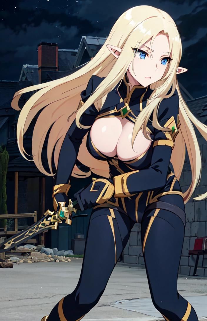 <lora:alpha_ver1.0_3-000024:0.7>,long hair, pointy ears, elf, blue eyes, long hair, blonde hair, (cleavage:1.1), (gloves:1.1), bodysuit, large breasts,fighting, (holding sword:1.2),(night:1.3), (masterpiece:1.3), best quality, ultra-detailed, high resolution, super detailed skin, perfect anatomy, detailed,(full body:1.2), (standing:1.2), 