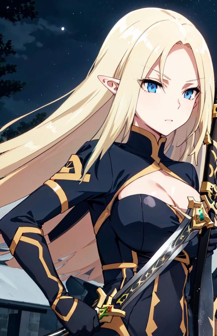 <lora:alpha_ver1.0_3-000024:0.7>,long hair, pointy ears, elf, blue eyes, long hair, blonde hair, (cleavage:1.1), (gloves:1.1), bodysuit, large breasts,(holding sword:1.2),(night:1.3), (masterpiece:1.3), best quality, ultra-detailed, high resolution, super detailed skin, perfect anatomy, detailed,( upper body:1.2), (standing:1.2), 