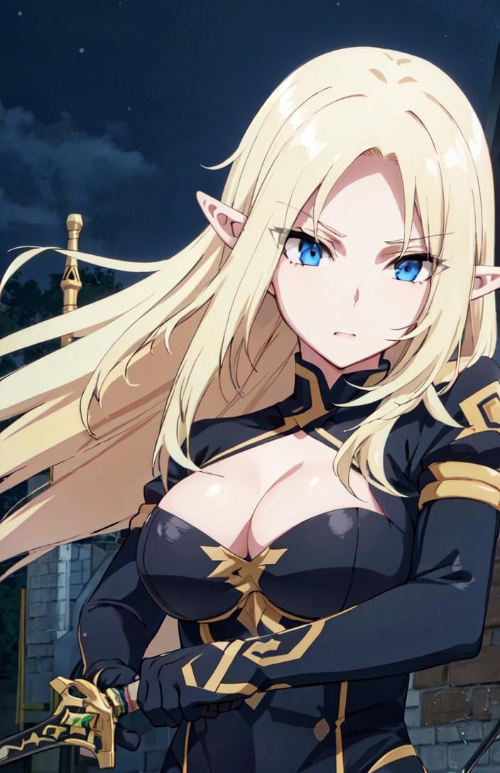 <lora:alpha_ver1.0_3-000024:0.7>,long hair, pointy ears, elf, blue eyes, long hair, blonde hair, (cleavage:1.1), (gloves:1.1), bodysuit, large breasts,fighting, (holding sword:1.2),(night:1.3), (masterpiece:1.3), best quality, ultra-detailed, high resolution, super detailed skin, perfect anatomy, detailed,( upper body:1.2), (standing:1.2), 