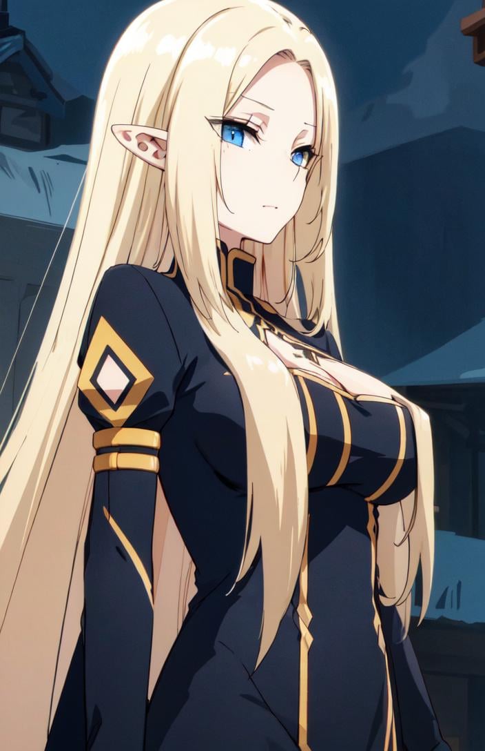 <lora:alpha_ver1.0:0.7>,long hair, pointy ears, elf, blue eyes, long hair, blonde hair, large breasts,black robe, (night:1.3),(masterpiece:1.3), best quality, ultra-detailed, high resolution, super detailed skin, perfect anatomy, detailed,( upper body:1.2), (standing:1.2),
