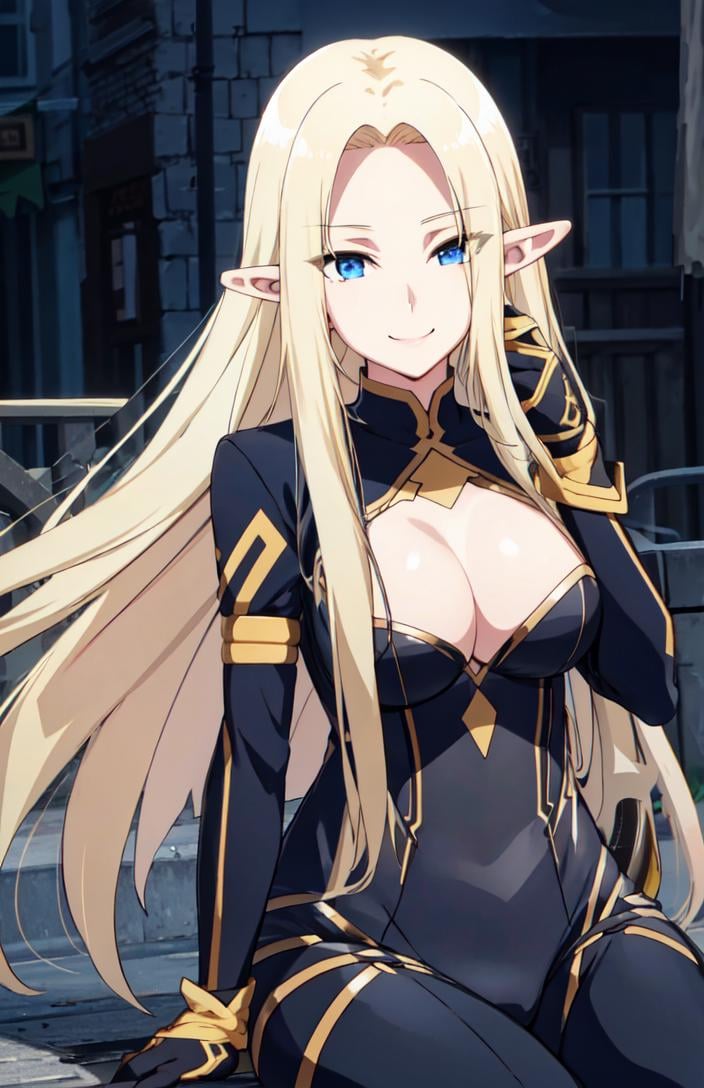 <lora:alpha_ver1.0:0.75>,long hair, pointy ears, elf, blue eyes, long hair, blonde hair, gloves, bodysuit, (large breasts:0.8),(cleavage:0.7), long sleeves, (masterpiece:1.3), best quality, ultra-detailed, high resolution, super detailed skin, perfect anatomy, detailed,smile, sitting, 