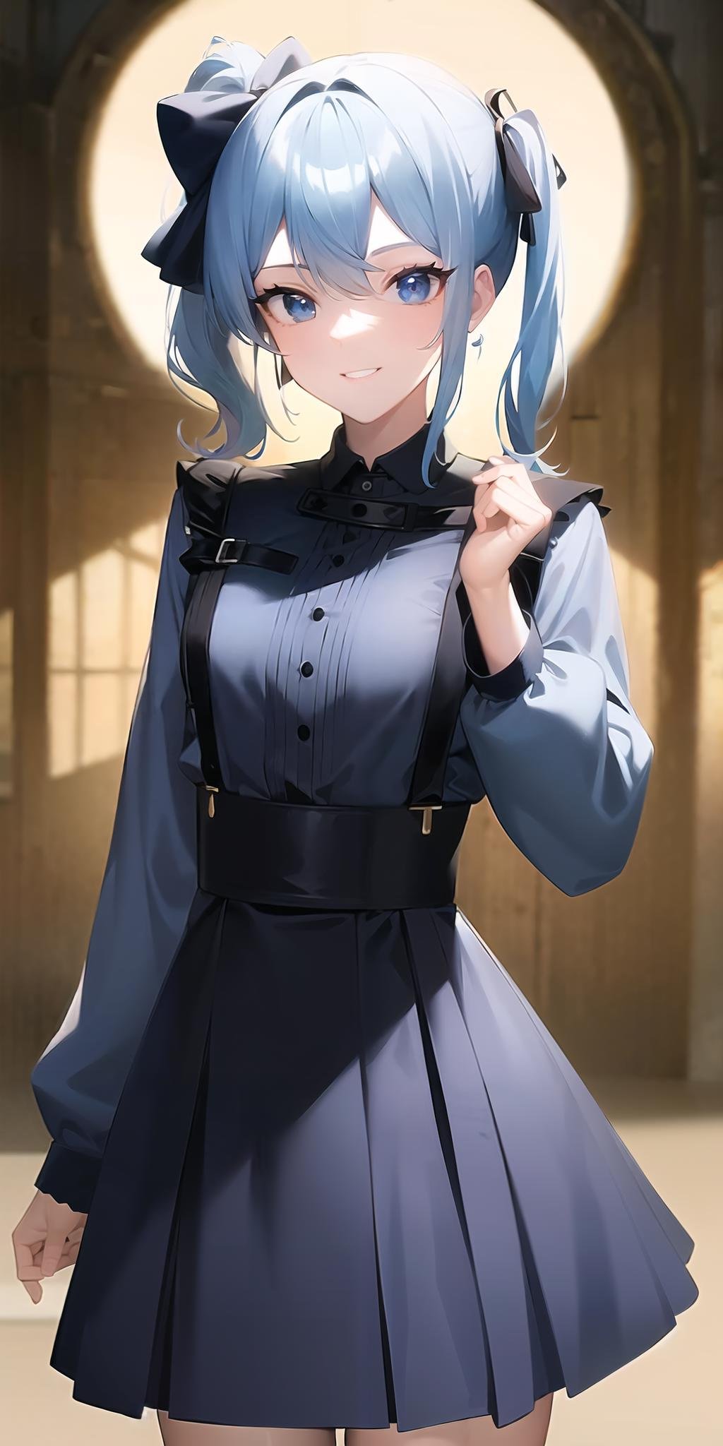masterpiece, best quality, absurdres, perfect anatomy, cowboy shot, smile, parted lips, Suisei, 1girl, solo, light blue hair, blue eyes, hairpin, side ponytail, top, skirt