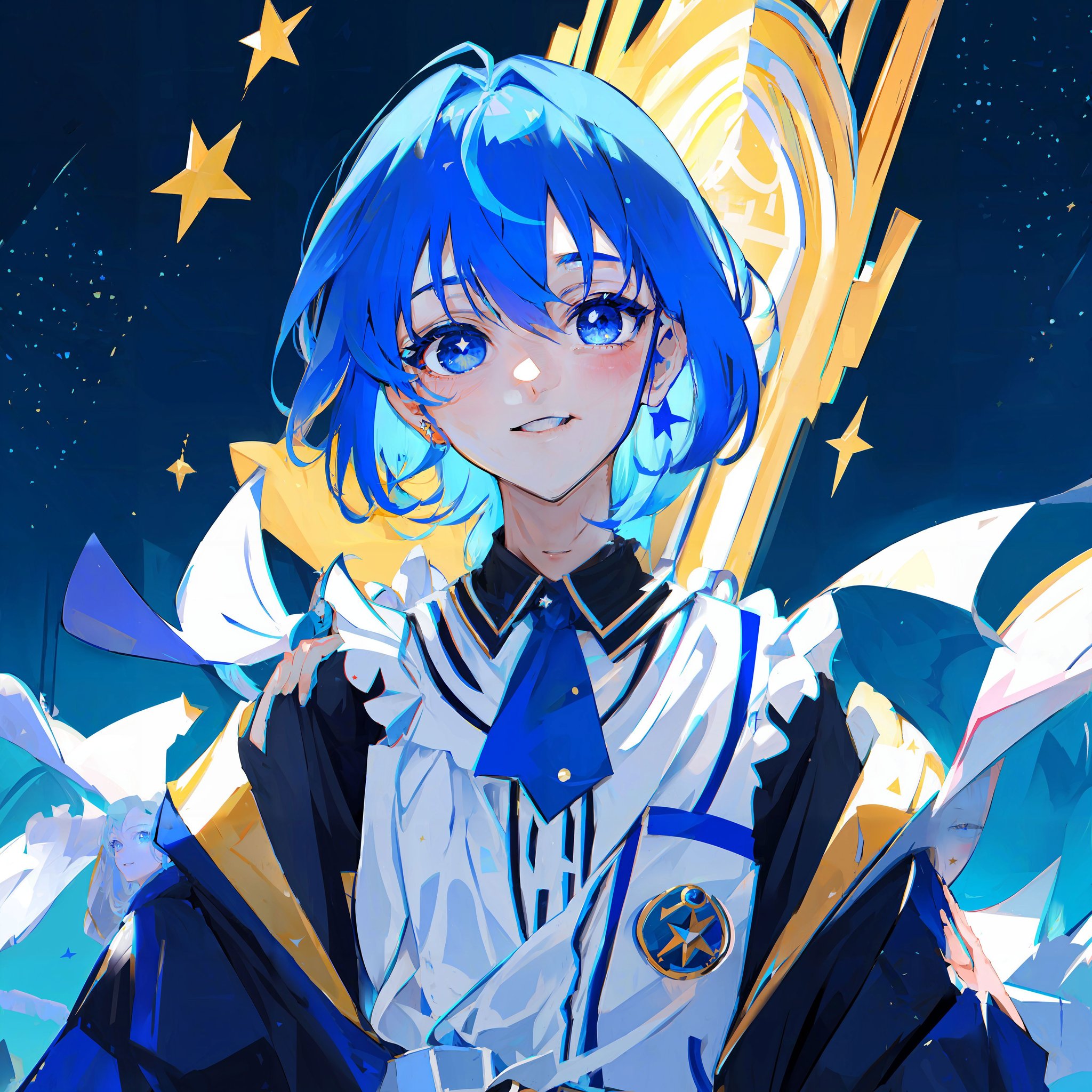 masterpiece, best quality, absurdres, 1girl, solo, Hoshimachi Suisei, blue hair, blue eyes, happy, detailed face, smile, parted lips, bright eyes, ultra detailed eyes, star shaped pupils, stars