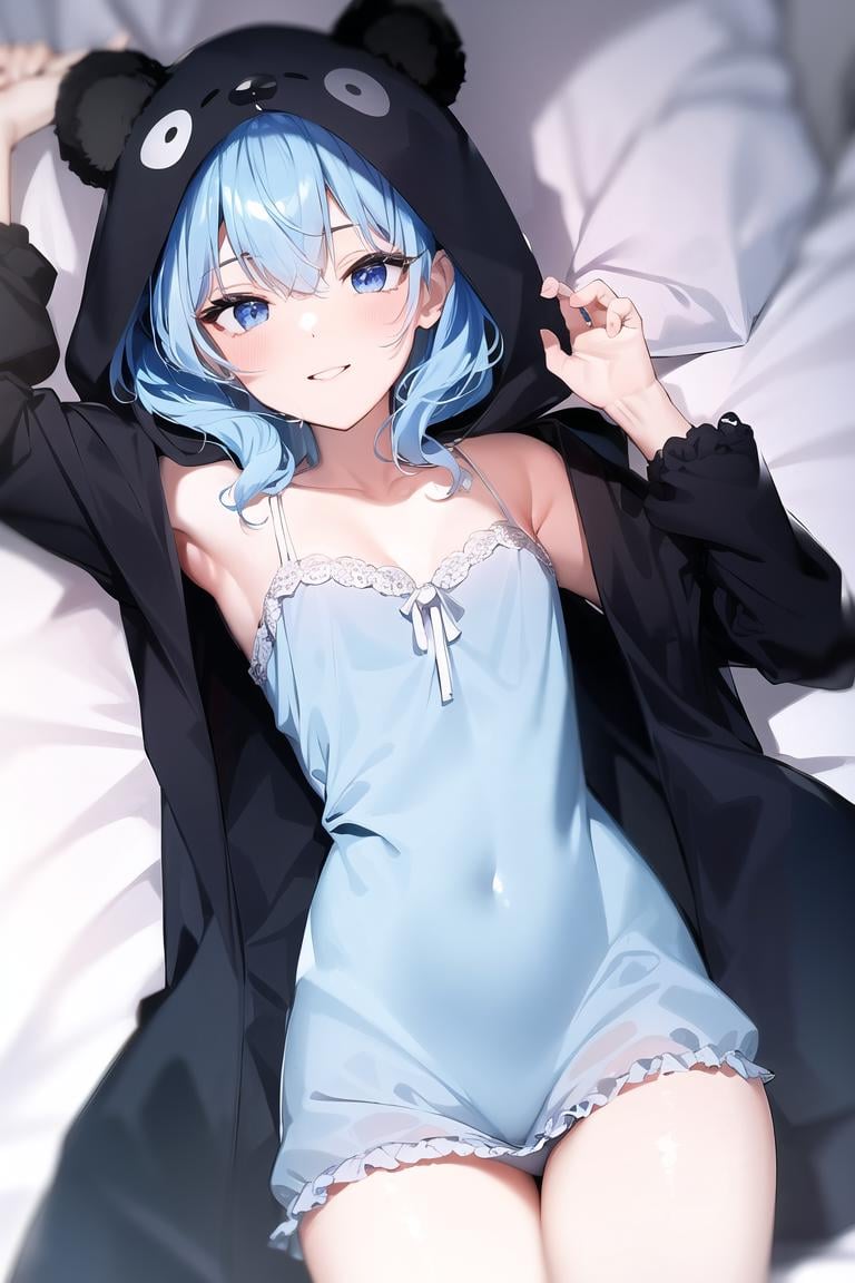 masterpiece, best quality, absurdres, perfect anatomy, smile, parted lips, Suisei, 1girl, solo, light blue hair, blue eyes, on bed, bedroom, from above, sleepwear, animal costume, bear costume, kigurimi, hood, animal hood, on back