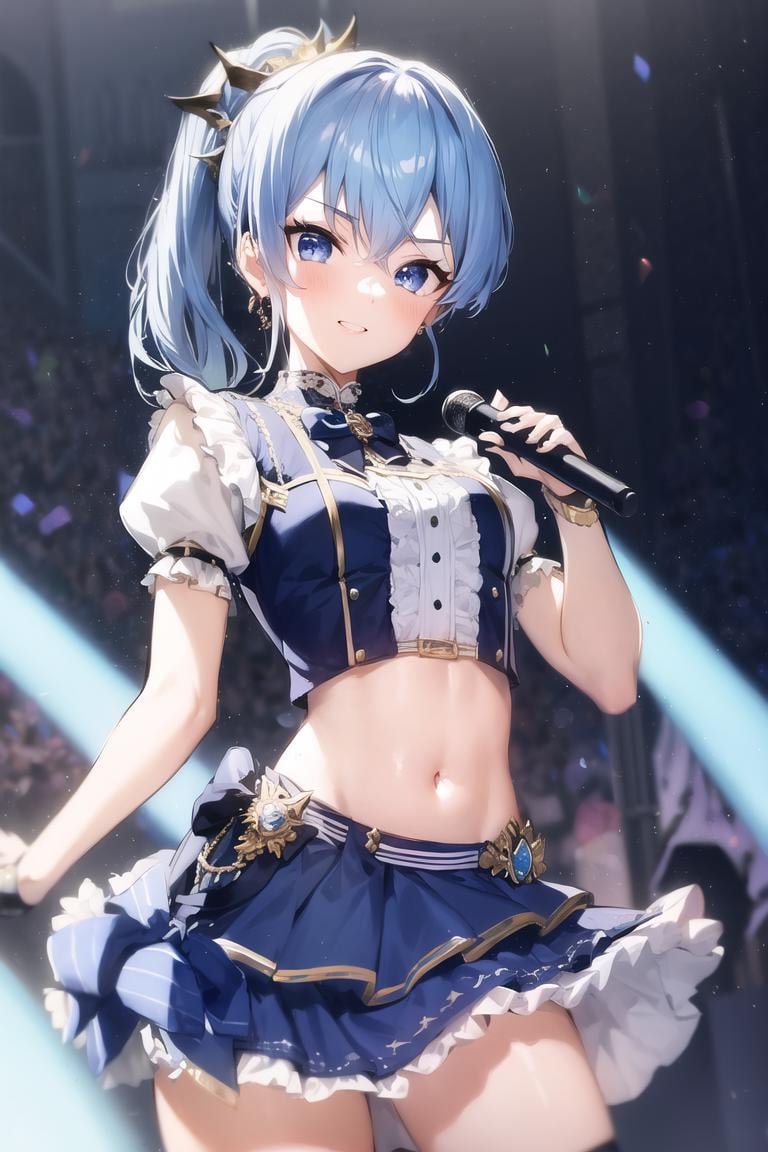masterpiece, best quality, absurdres, 1girl, solo, Hoshimachi Suisei, light blue hair, blue eyes, happy, smile, parted lips, cowboy shot, sidelocks, ponytail, toned, idol, idol clothes, hololive idol uniform, bowtie, blue skirt, brooch, dress, concert, on stage, frilled skirt, jewelry, layered dress, short sleeves, tiara, midriff, thighhighs