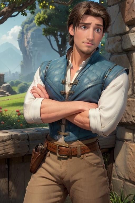 flynn_rider, muscular,  brown hair, goatee, shirt, sleeves rolled up, blue vest, landscape,  belt, pants, looking at you, <lora:flynn_rider:0.65>