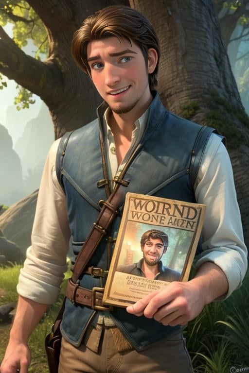 flynn_rider, solo, brown hair, 1boy, holding a wanted poster, brown eyes, male focus, outdoors, teeth, vest, tree, facial hair, nature, goatee,  <lora:flynn_rider:0.6>,  <lora:BettercocksFlaccid:0.6>