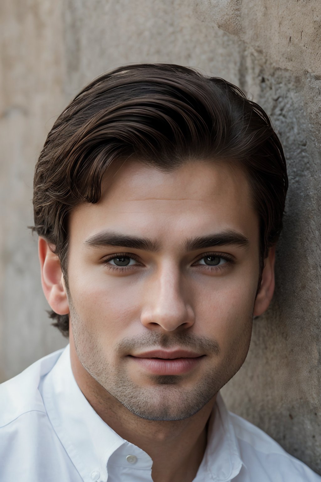 Masterpiece: 8K Portrait of a Handsome Latin Gentleman. A stunning, well-groomed individual wearing a crisp white shirt, his smooth-shaved face radiating confidence. Leaning against a worn stone wall, he exudes relaxation, gazing directly at the viewer with a subtle, enigmatic smile. The faint crinkles around his eyes hint at a life of warmth and joy. The camera's focus is sharp, highlighting the natural texture of his skin, complete with visible pores, while the fabric of his shirt renders with exquisite detail. The overall atmosphere is one of laid-back sophistication, captured in stunning UHD:1.2 resolution with film grain and ray tracing, inviting the viewer to step into the scene.