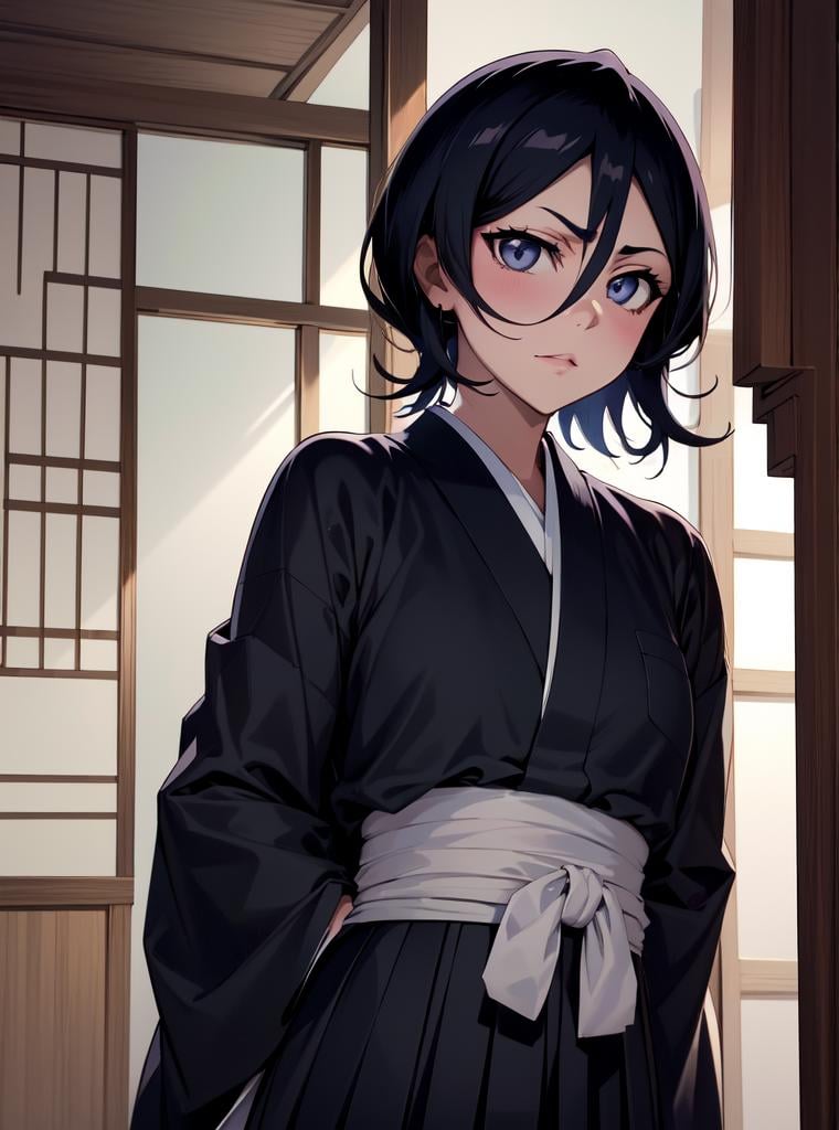 (best quality),  (ultra-detailed),  (best illustration),  (best shadow),  masterpiece,  high res,  kuchiki_rukia,  japanese clothes,  kimono,  black kimono,  hakama, <lora:EMS-54445-EMS:0.800000>