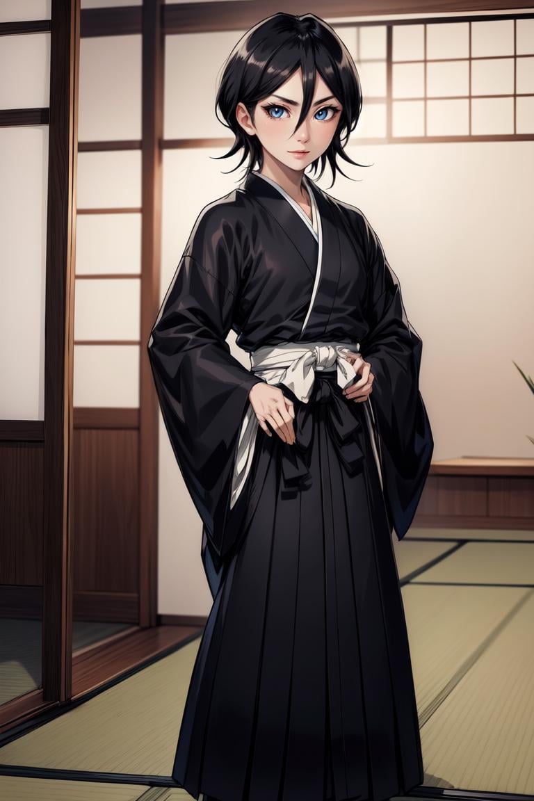 kuchiki_rukia,  japanese clothes,  kimono,  black kimono,  hakama, <lora:EMS-54445-EMS:0.800000>