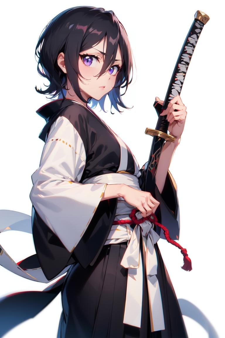 kuchiki_rukia,  katana,  ? 1girl 4.8M? black hair 1.1M? black kimono 12k? breasts 2.7M? hair between eyes 840k? holding 913k? holding sword 72k? holding weapon 180k? japanese clothes 322k? kimono 187k? long bangs 14k? looking to the side 123k? purple eyes 618k? sash 109k? short hair 1.8M? small breasts 383k? sode no shirayuki (shikai) 72? solo 4.0M? sword 223k? weapon 478k? white background 1.1M? white sash 2.3k? wide sleeves 201kMeta? absurdres 1.2M? highres 3.8M, <lora:EMS-54445-EMS:0.800000>