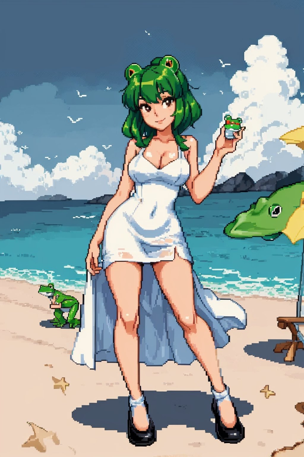 (masterpiece:1.4), (best quality:1.4), (frog girl:1.2), (1girl:1.1), on the beach, green hairs, black eyes, skinny, smile, looking at viewer, full body pov, light white dress, (pixel:1.2),