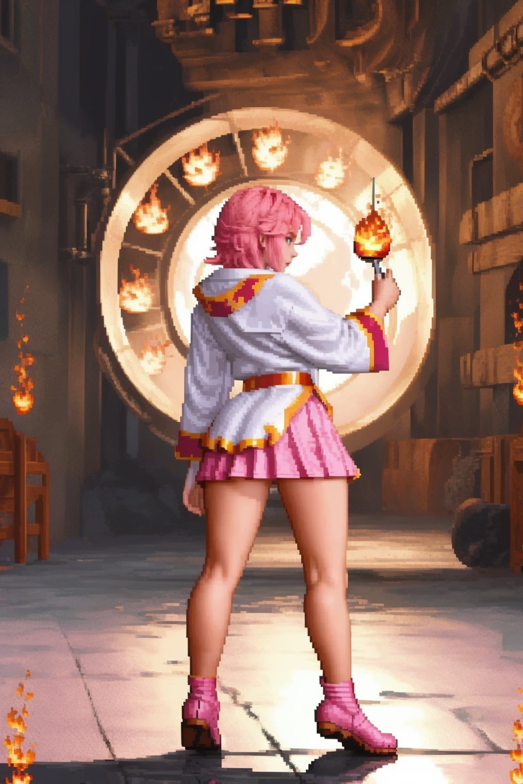 (masterpiece, top quality, best quality), pixel,pixel art,1girl,full body, mage girl, short skirt, pink hair, robe, fireball