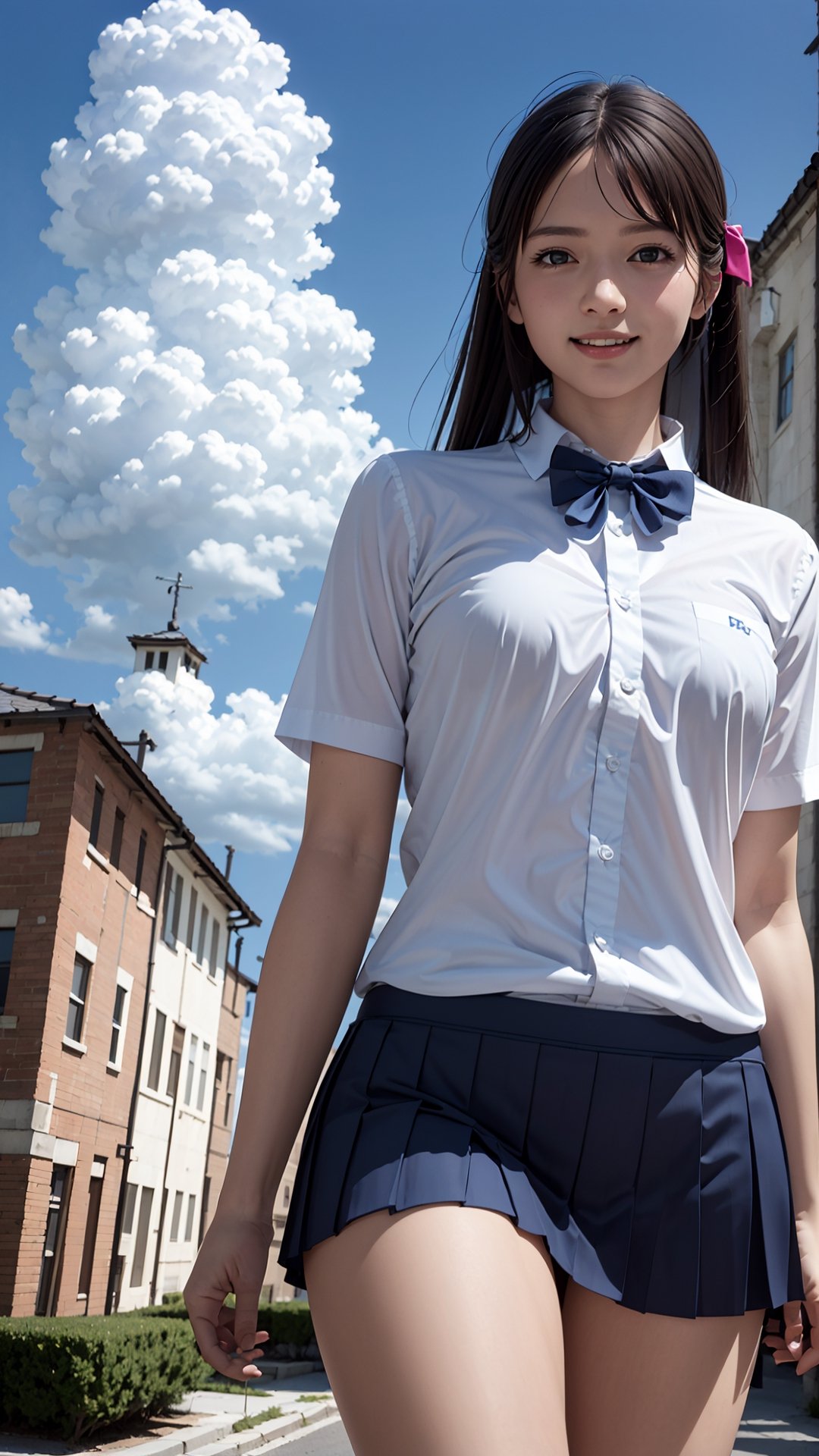 (best quality,masterpiece:1.2),ultra detailed,(photo realistic:1.4),high_school_girl,mini skirt,(bow tie,twin tail hair:1.2),lite smile,from below