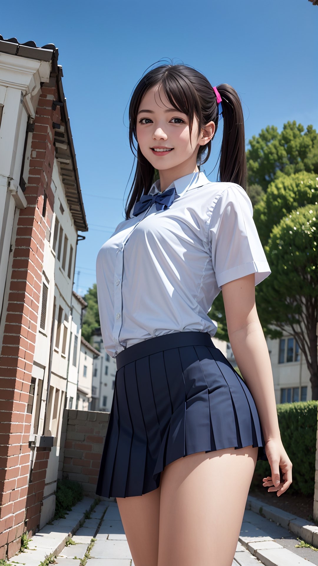 (best quality,masterpiece:1.2),ultra detailed,(photo realistic:1.4),high_school_girl,mini skirt,(bow tie,twin tail hair:1.2),lite smile,from below