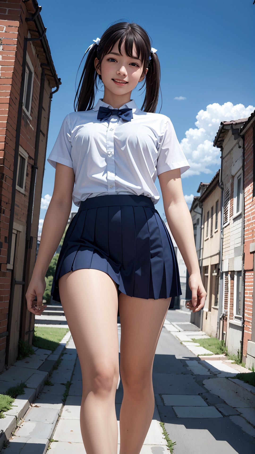 (best quality,masterpiece:1.2),ultra detailed,(photo realistic:1.4),high_school_girl,mini skirt,(bow tie,twin tail hair:1.2),lite smile,from below