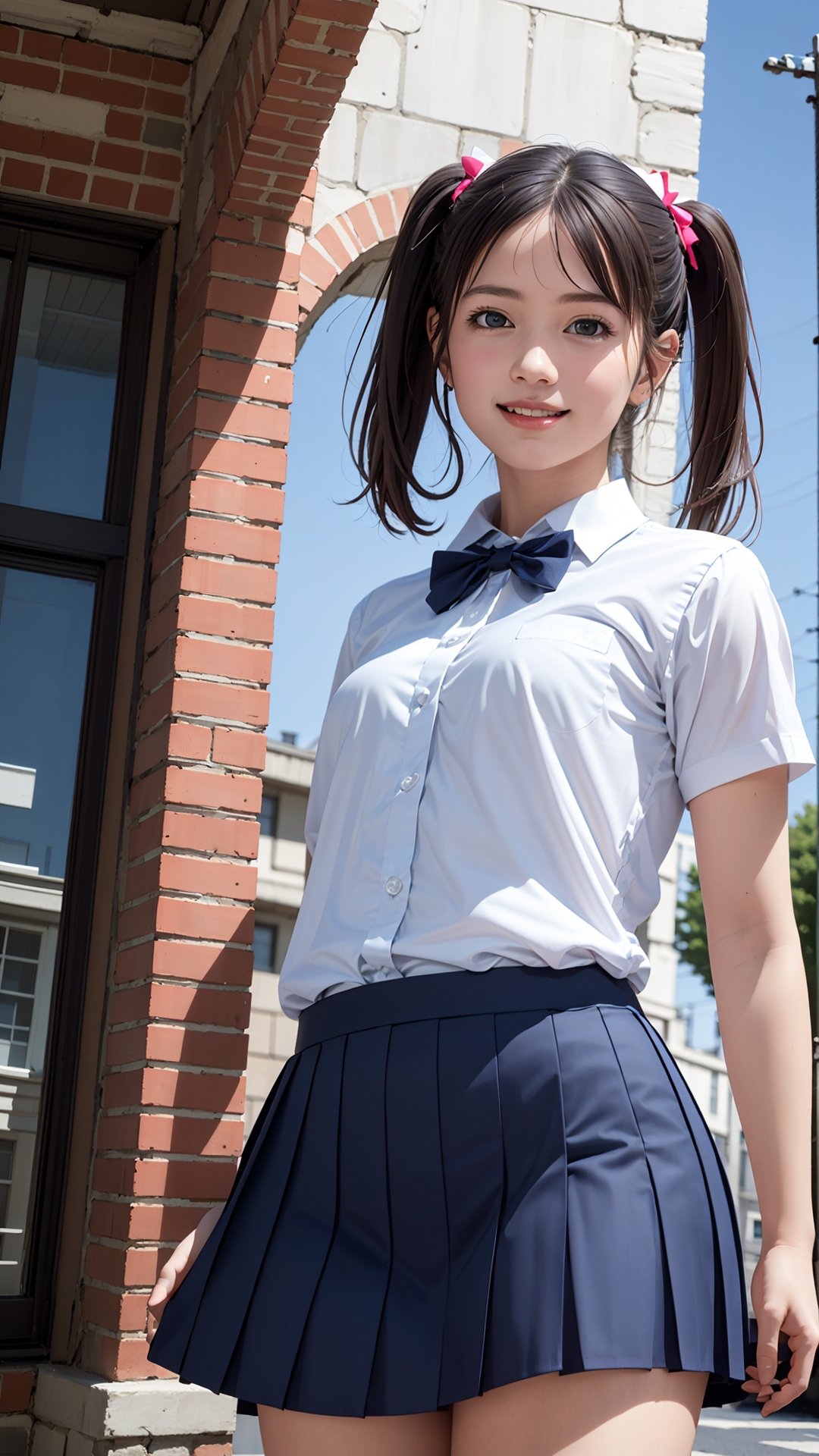 (best quality,masterpiece:1.2),ultra detailed,(photo realistic:1.4),high_school_girl,mini skirt,(bow tie,twin tail hair:1.2),lite smile,from below