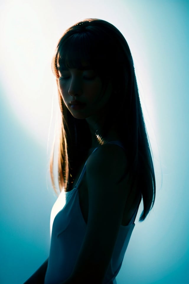 cinematic film still 1girl,closed eyes,light blue,Straight hair,long hair,light cream,upper body,light simple background,looking at viewer,blunt bangs,, . shallow depth of field, vignette, highly detailed, high budget, bokeh, cinemascope, moody, epic, gorgeous, film grain, grainy