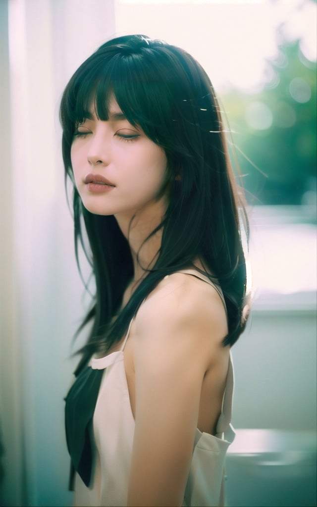 cinematic film still 1girl,closed eyes,light blue,Straight hair,long hair,light cream,upper body,light simple background,looking at viewer,blunt bangs,, . shallow depth of field, vignette, highly detailed, high budget, bokeh, cinemascope, moody, epic, gorgeous, film grain, grainy