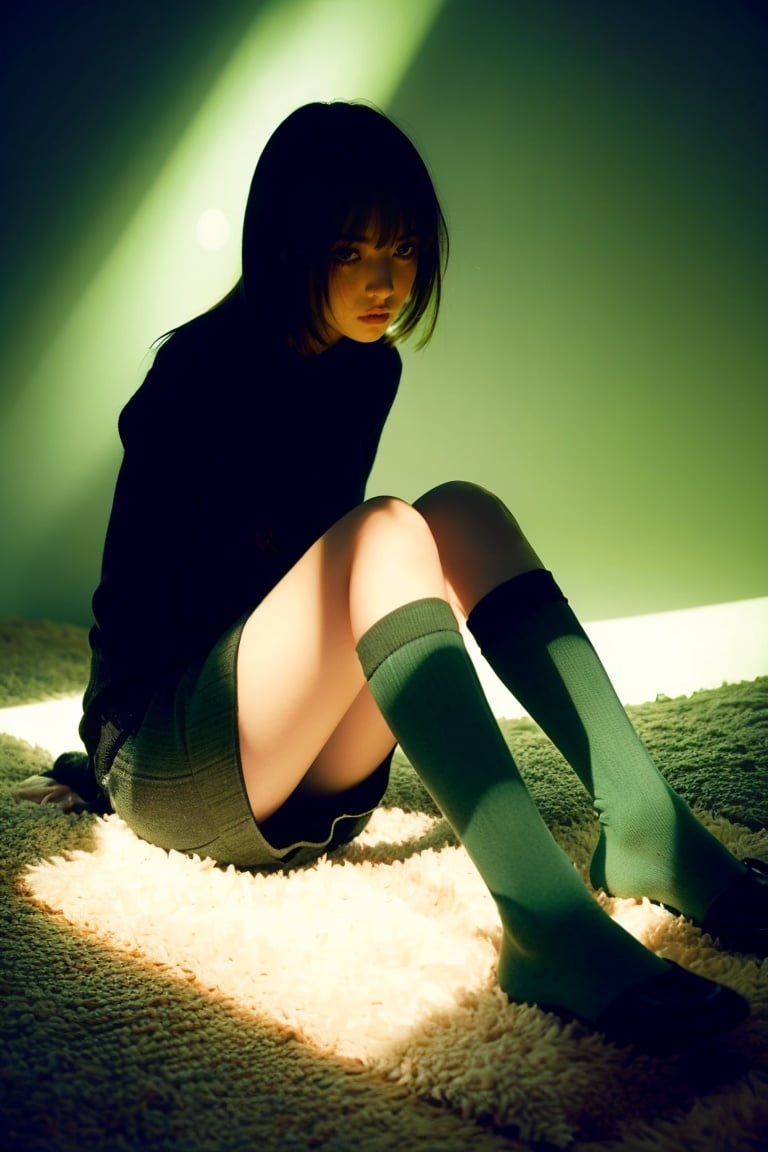  1girl sitting on the carpet, legs crossed, dark green gradient socks, soft lighting, hands 101, monkren