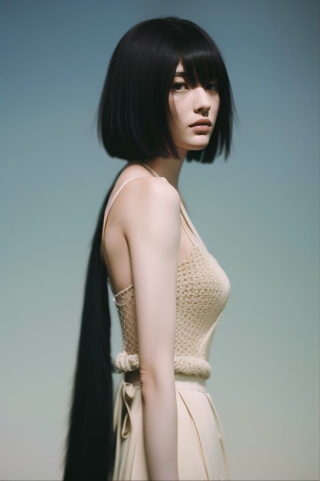  1girl,black_hair,Balenciaga model,looking at viewer,pale skin,blurry_background,realistic,solo,upper_body,,monkren