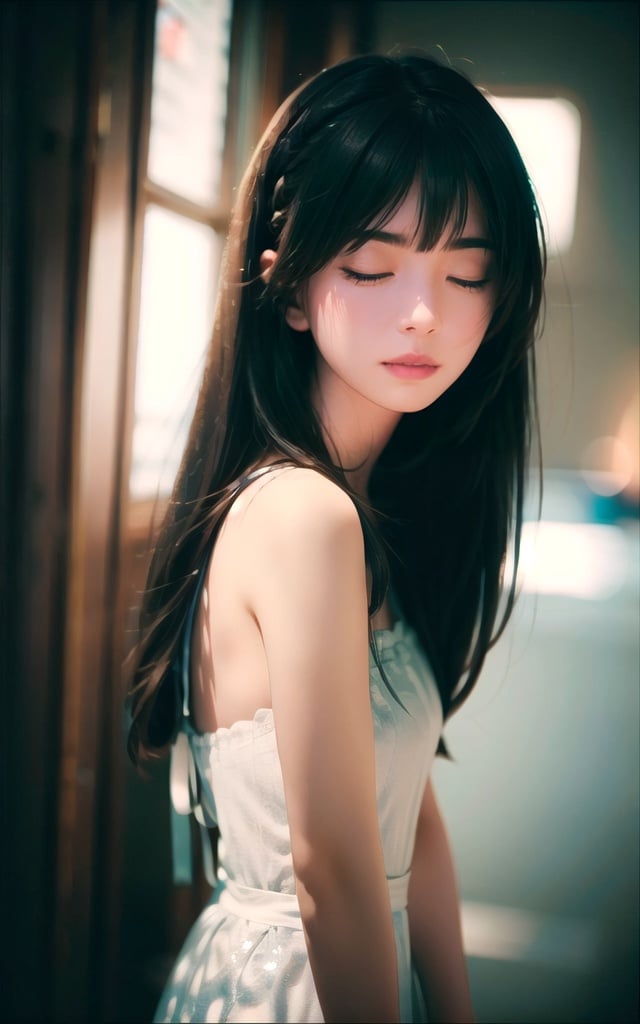 cinematic film still 1girl,closed eyes,light blue,Straight hair,long hair,light cream,upper body,light simple background,looking at viewer,blunt bangs,, . shallow depth of field, vignette, highly detailed, high budget, bokeh, cinemascope, moody, epic, gorgeous, film grain, grainy,1girl