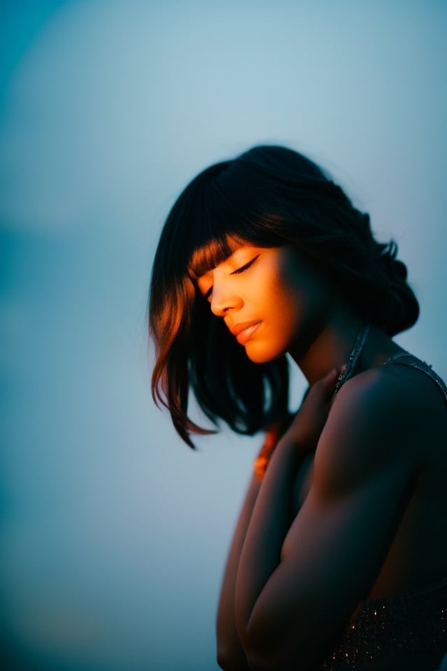 cinematic film still 1girl,closed eyes,light blue,Straight hair,long hair,light cream,upper body,light simple background,looking at viewer,blunt bangs,, . shallow depth of field, vignette, highly detailed, high budget, bokeh, cinemascope, moody, epic, gorgeous, film grain, grainy