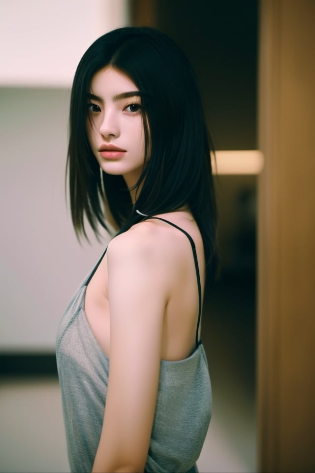 1girl,black_hair,Balenciaga model,looking at viewer,pale skin,blurry_background,realistic,solo,upper_body,,monkren